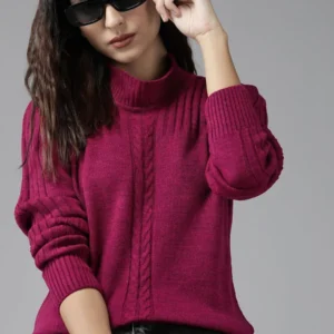 Women Magenta Cable Knit Acrylic Pullover