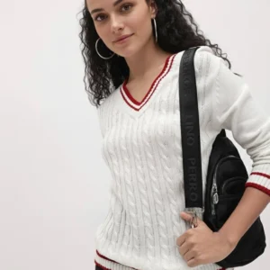 The Life Co. Contrast Striped Pure Acrylic Cable Knit Pullover